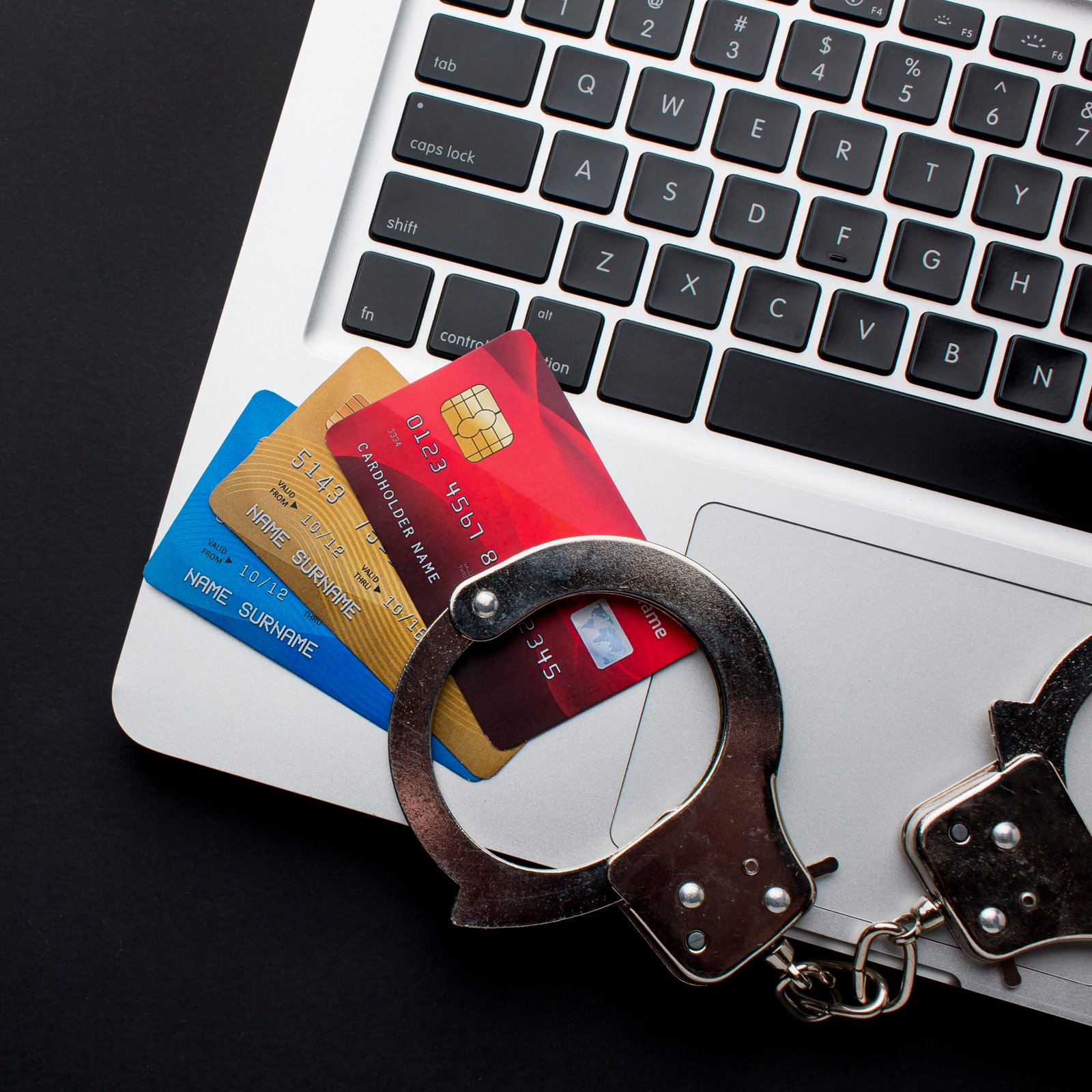 Laptop With Credit Cards and Handcuffs